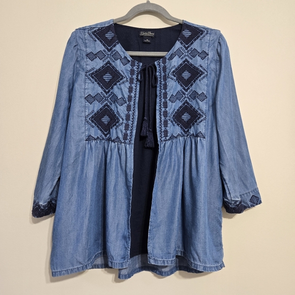 Lucky Brand Blue Embroidered Boho Denim Style Cardigan Jacket Women’s Size M - Picture 2 of 15
